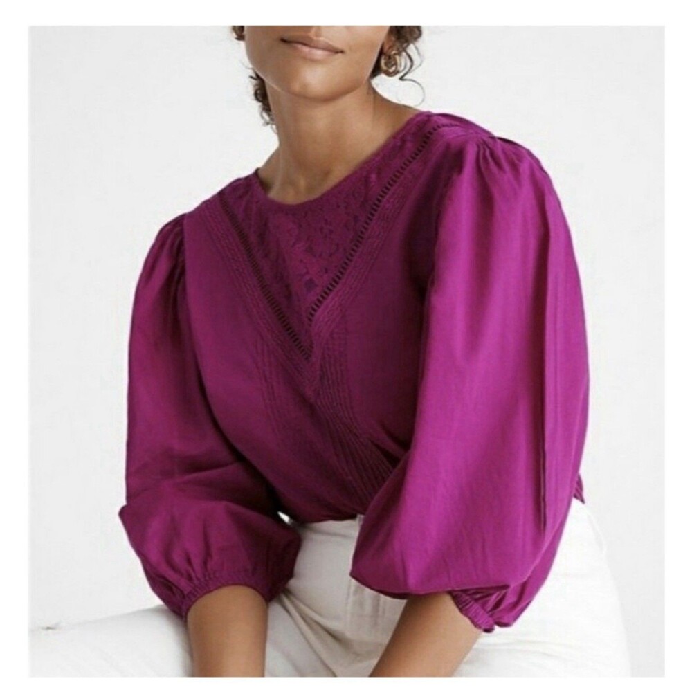 Farm Rio Anthropologie XS Magenta Lace Blouse Puff Sleeve Boho Romantic Top $118